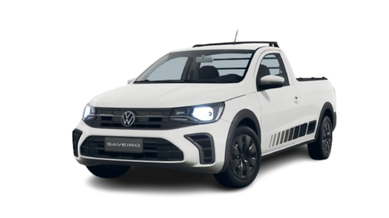 Camioneta Volkswagen Saveiro blanca de perfil frontal, destacando su diseño moderno y robusto.
