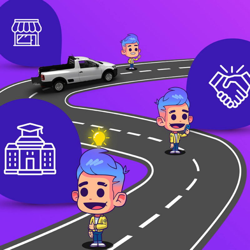 Render de carretera con Volky, mientras una camioneta Saveiro 2023 transita. 