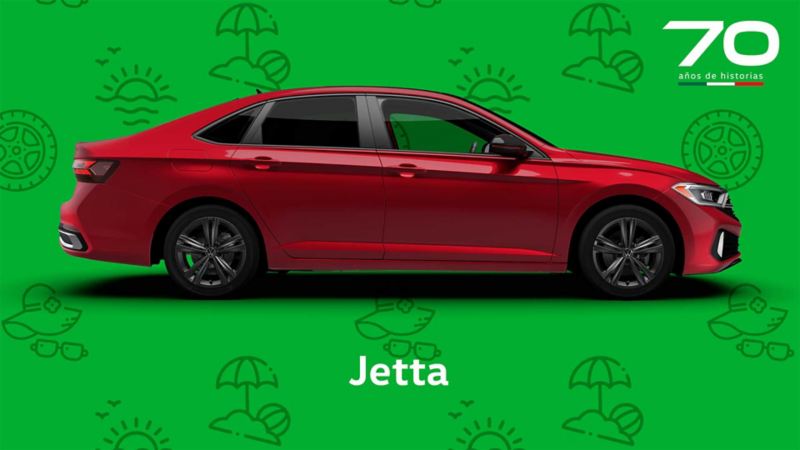 Jetta 2024 versión Sportline en color rojo, sobre fondo verde relacionado al Summer Sale 2024. 