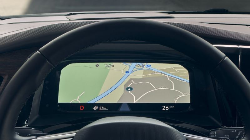 Image showing the sateltive navigation application running on a cockpit screen module in a VW vehicle.