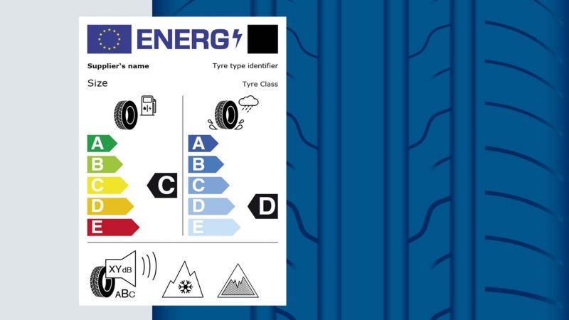 A Volkswagen Genuine tyre with the EU tyre label
