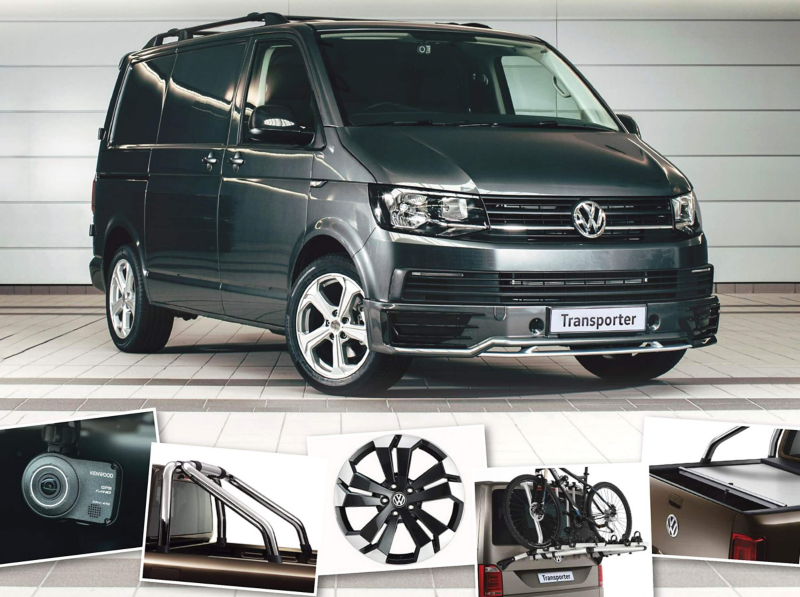 Dark gray VW Transporter van with range of accessories