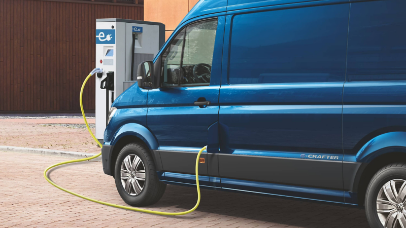 The e crafter electric van connected to a charging point