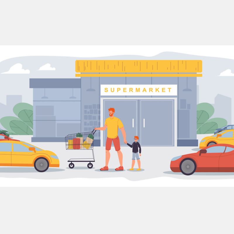 Eine Skizze zeigt einen Vater mit seinem Sohn auf dem Parkplatz eines Supermarkts, auf dem Elektroautos an Ladesäulen angeschlossen sind. 