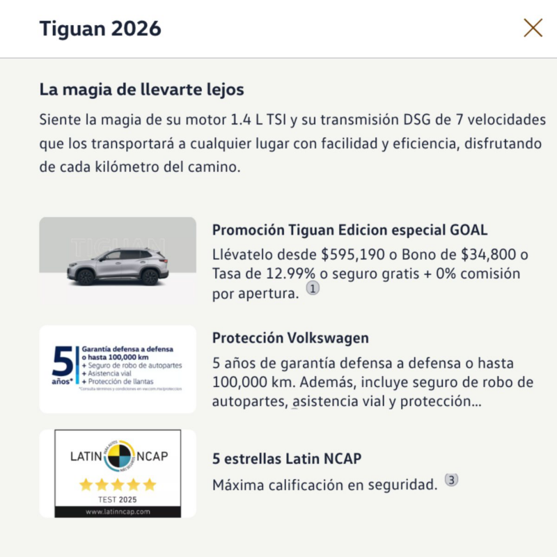 Detalle de beneficios y promociones de un Volkswagen en Smart Offer.