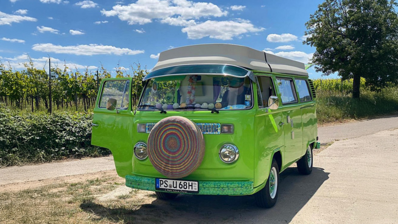 Susannes grüner VW Bulli mit offener Seitentür auf einer Straße parkend.