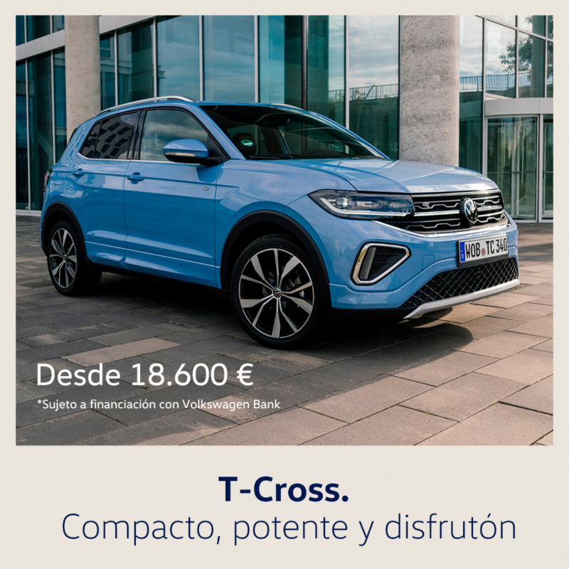 T-Cross promoción, color azul, vista lateral derecha. Texto promoción: Desde 18.600€. Sujeto a financiación con Volkswagen Bank.