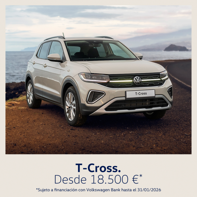 T-Cross promoción, color azul, vista lateral derecha. Texto promoción: Desde 18.600€. Sujeto a financiación con Volkswagen Bank.