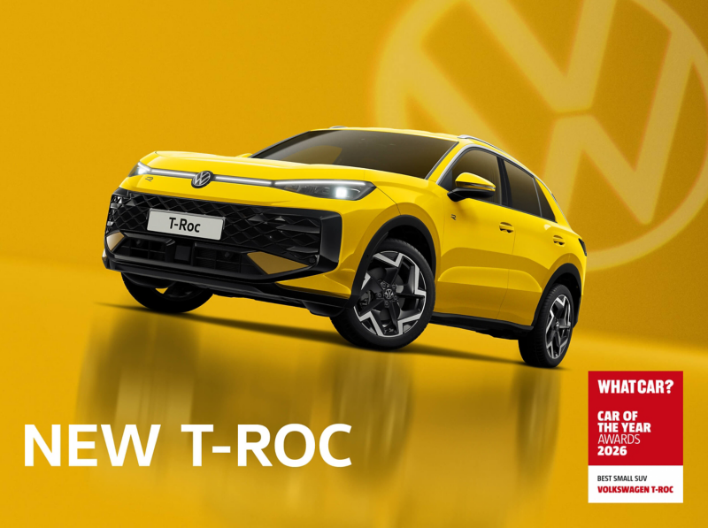 A yellow Volkswagen T-Roc with sleek design on a matching yellow background. "NEW T-ROC" is seen below. The mood is dynamic and energetic, emphasizing modernity.