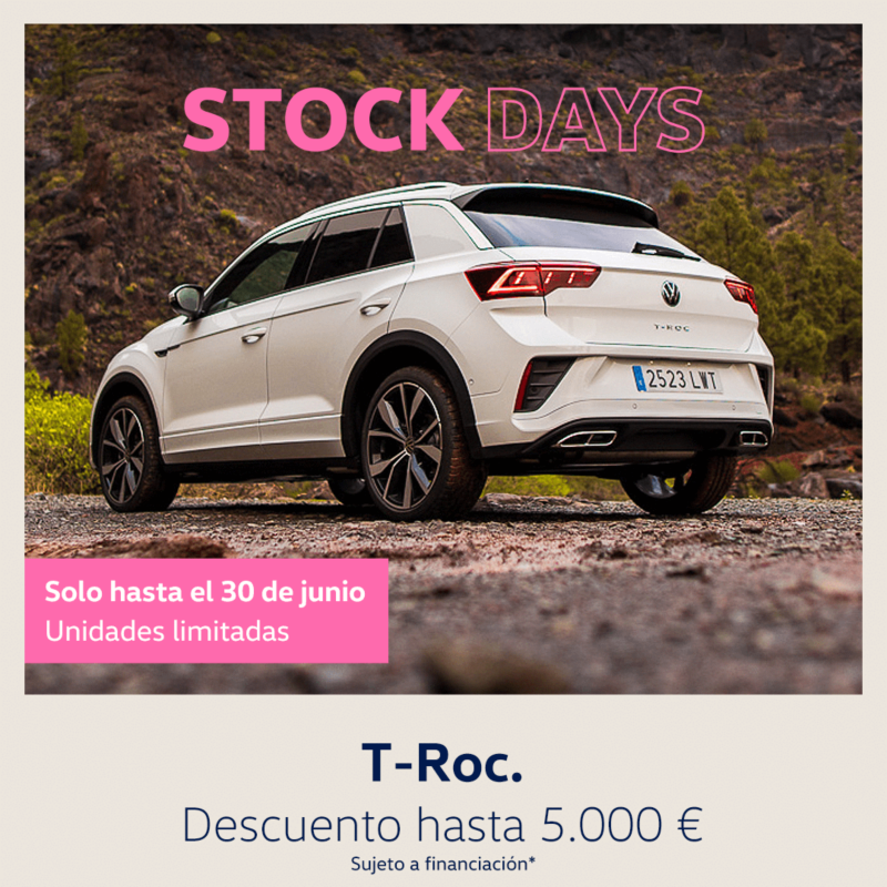 T-Roc blanco, vista trasera izquierda. Texto: Stock Days. Descuento hasta 5.000€. Sujeto a financiación. Solo hasta el 30 de junio. Unidades limitadas.