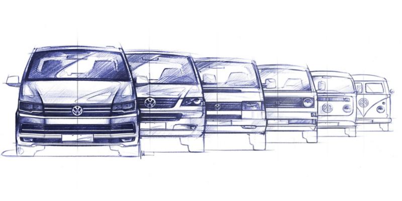 Schizzi delle 6 versioni del Bulli, van Volkswagen, dalla prima, sullo sfondo, all'ultima, in primo piano.
