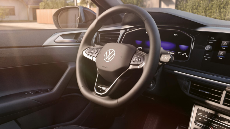 Interior of a VW Taigo showing the steering wheel.