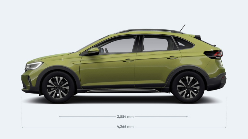 Graphic showing a side view of a VW Taigo and measurements underneath. 