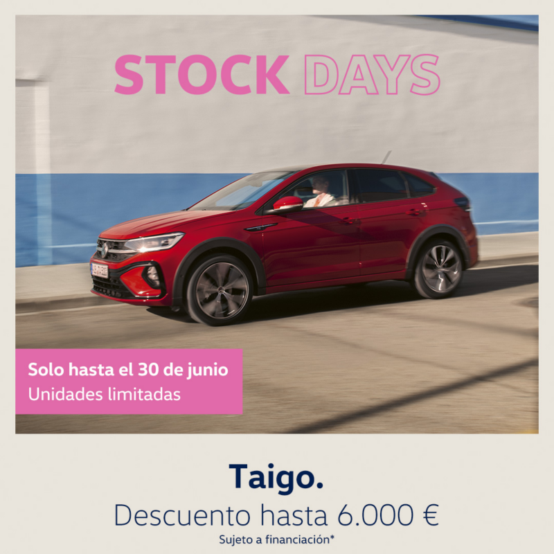 Volkswagen Taigo Negro, vista frontal. Texto: "Ahorra hasta 5.700€. Sujeto a financiación".