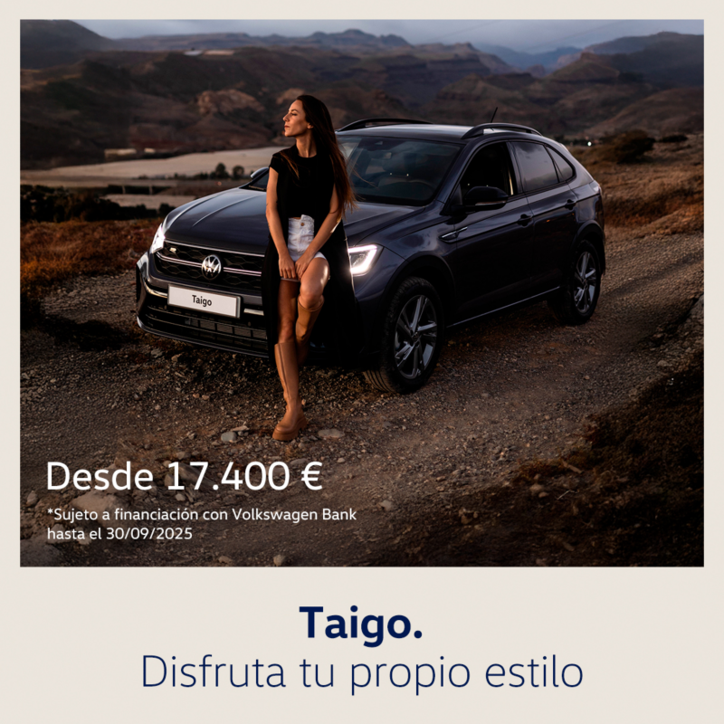 Volkswagen Taigo verde, vista lateral izquierda. Texto promoción: Desde 17.800€. Sujeto a financiación con Volkswagen Bank.