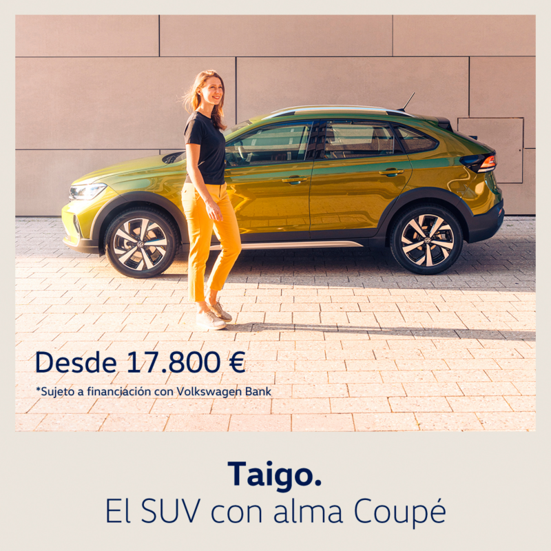Volkswagen Taigo verde, vista lateral izquierda. Texto promoción: Desde 17.800€. Sujeto a financiación con Volkswagen Bank.