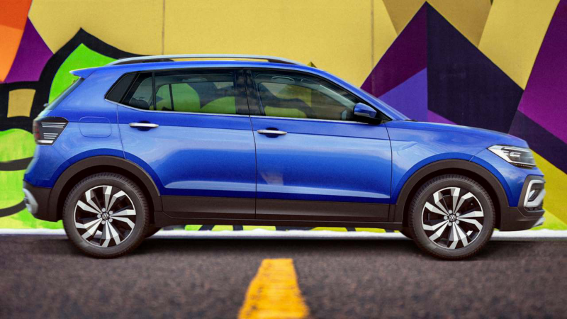 Nuevo Taigun 2023 en México. SUV de Volkswagen en color azul, frente a mural multicolor. 
