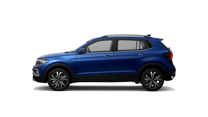 Volkswagen Taigun 2023 en color azul. Vista lateral, puerta de conductor. 