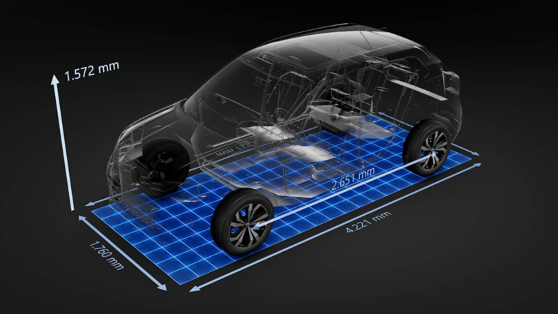 Esquema digital muestra medidas y dimensiones de SUV Taigun.