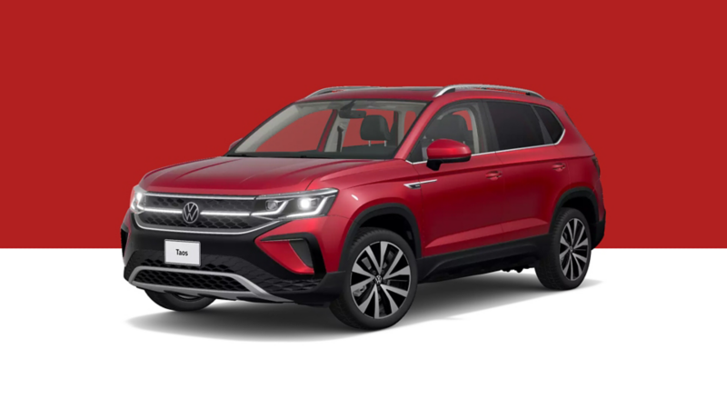 VW Taos 2023 en color rojo. Vista lateral, puerta de conductor. 