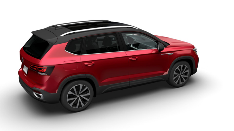 Camioneta Taos de Volkswagen en color rojo con techo negro. Vista lateral de SUVW. 