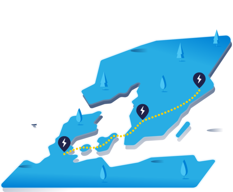 Map showing a long route with charging stations along the way