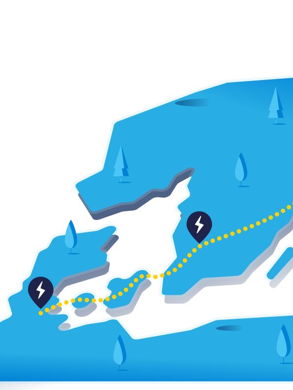 Carte montrant un long itinéraire avec des bornes de recharge le long du trajet
