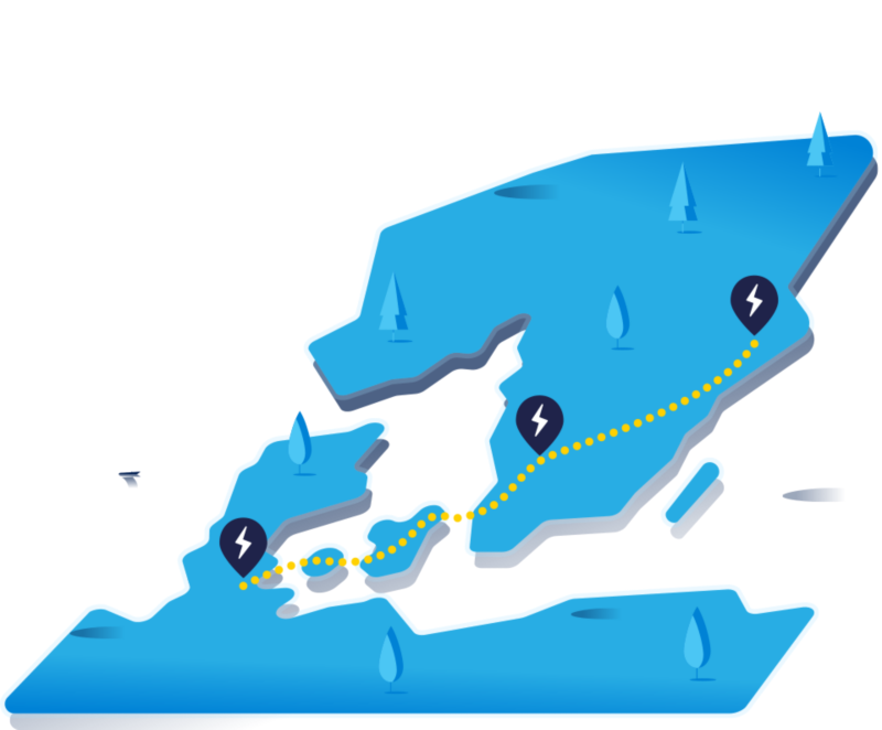 Map showing a long route with charging stations along the way