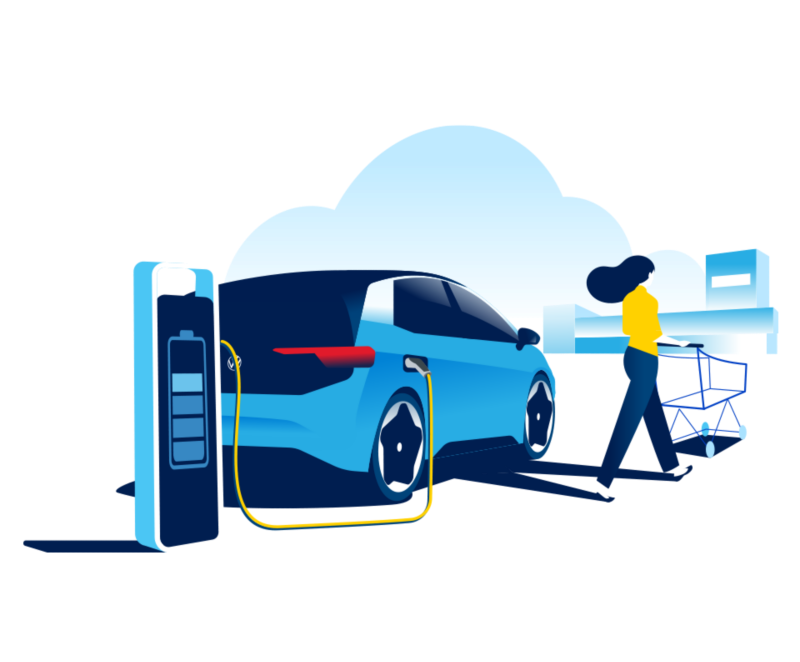 An electric vehicle is being charged in front of a supermarket