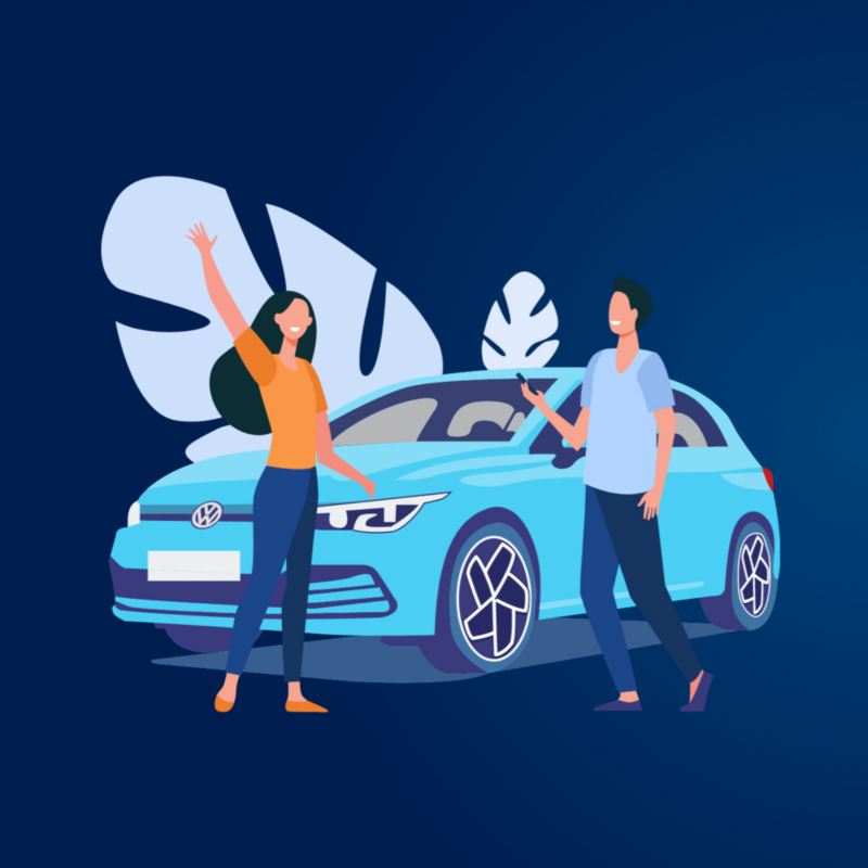 Ilustración en azul de una pareja delante de un Volkswagen