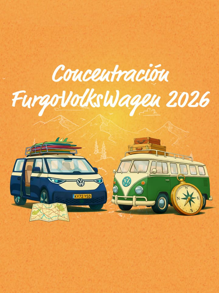 Montaje gráfico con tonos naranjas donde aparecen dibujadas una furgo ID.Buzz y una furgo clásica de Volkswagen junto a un mapa y una brújula. Rótulos en blanco que dicen 'Concentración FurgoVolkswagen 2026'