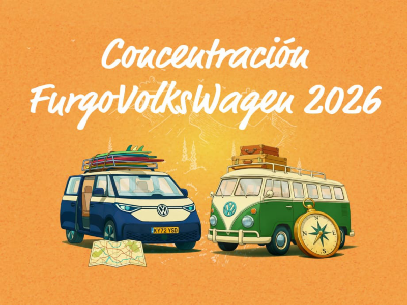 Montaje gráfico con tonos naranjas donde aparecen dibujadas una furgo ID.Buzz y una furgo clásica de Volkswagen junto a un mapa y una brújula. Rótulos en blanco que dicen 'Concentración FurgoVolkswagen 2026'