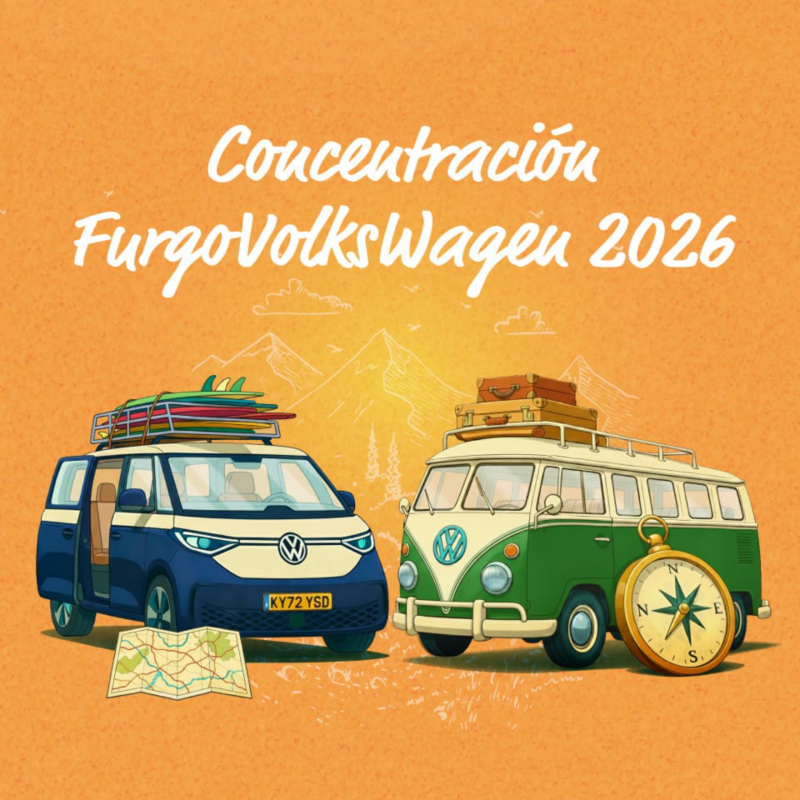 Montaje gráfico con tonos naranjas donde aparecen dibujadas una furgo ID.Buzz y una furgo clásica de Volkswagen junto a un mapa y una brújula. Rótulos en blanco que dicen 'Concentración FurgoVolkswagen 2026'
