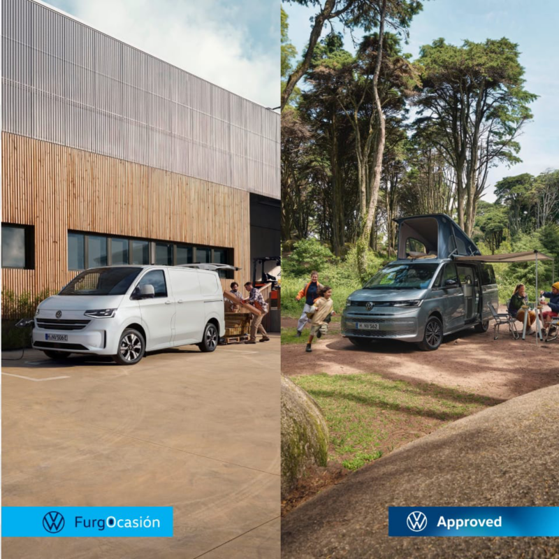 Una imagen dividida de dos furgos con los logos de FurgOcasión y Approved