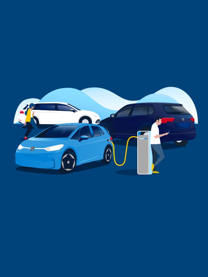 Ilustración de coches de Volkswagen con fondo azul