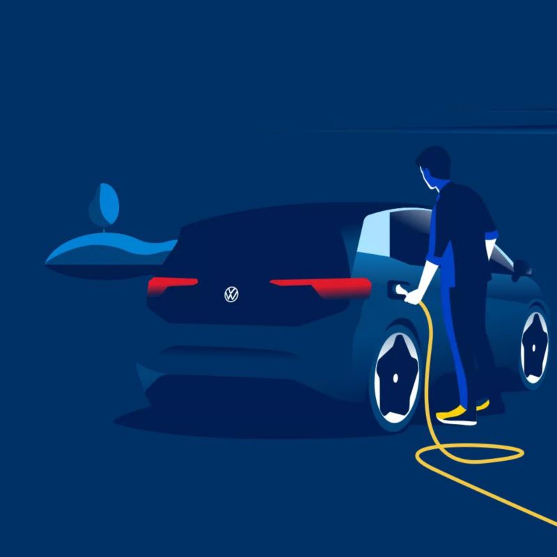 Gráfico de un hombre conectando un cargador a un coche eléctrico