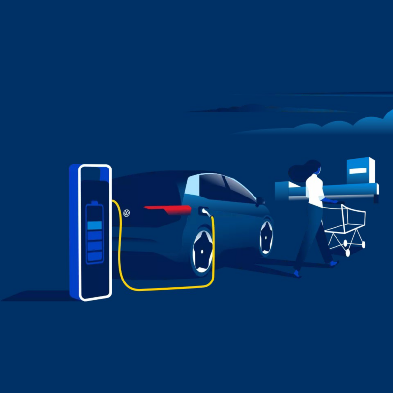 Gráfico de un Volkswagen eléctrico cargando en el parking de un supermercado