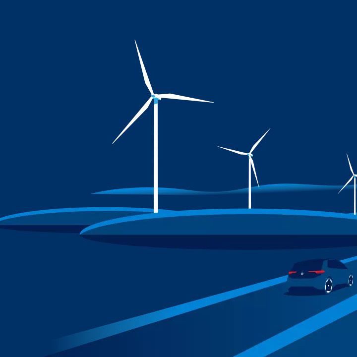 Ilustración de unos molinos de viento junto a una carretera con un vehículo de Volkswagen