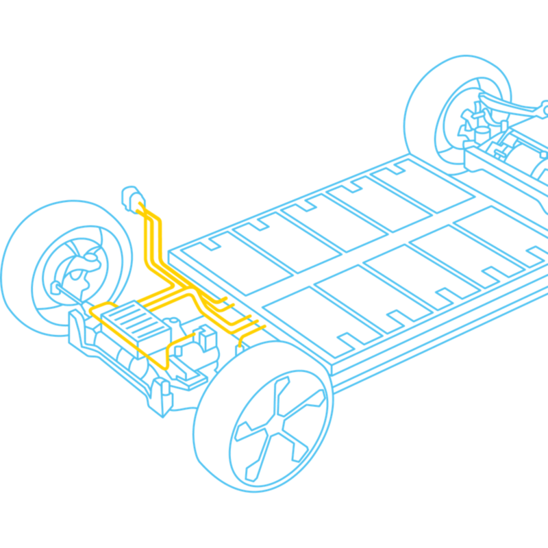 Illustration of the chassis of a Volkswagen electric vehicle.