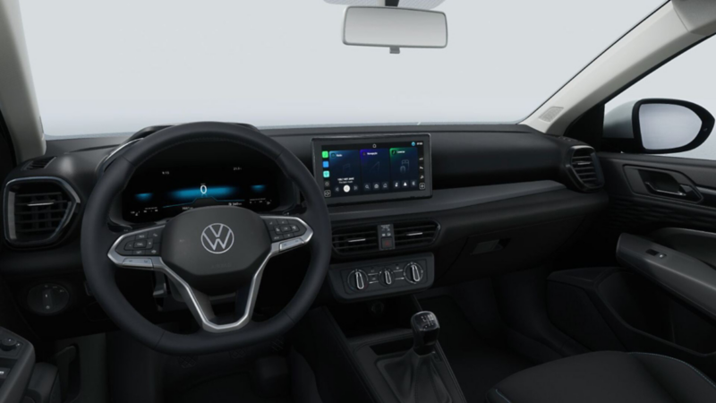 Tablero con pantalla touch y volante multifunciones en VW Tera 2026, versión Trendline.