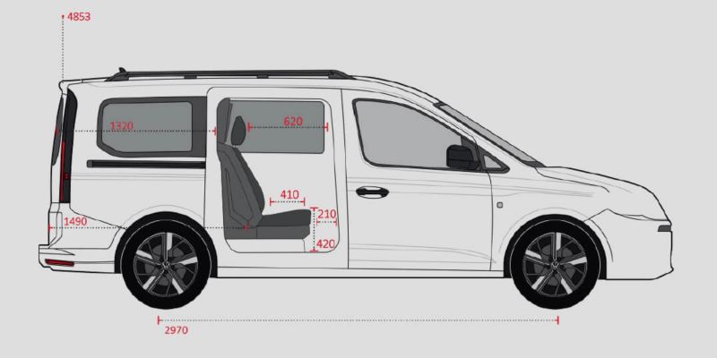 Plan van de afmetingen van een Caddy Dubbele Cabine