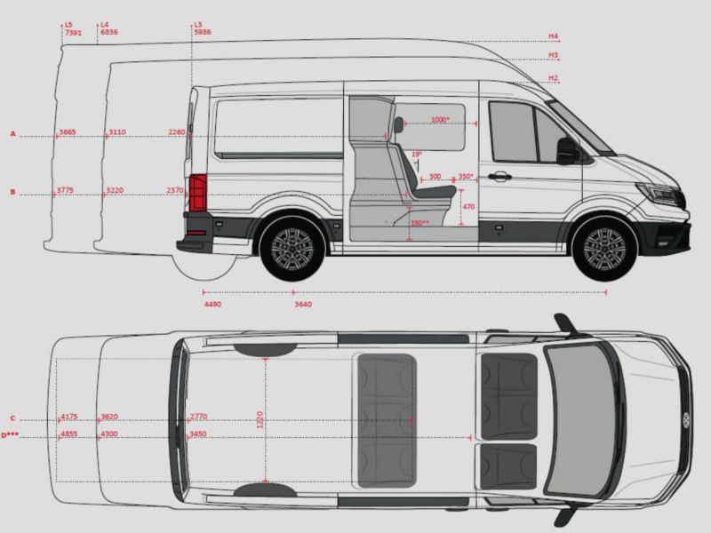 Dessin des dimensions d'un Crafter Double Cabine