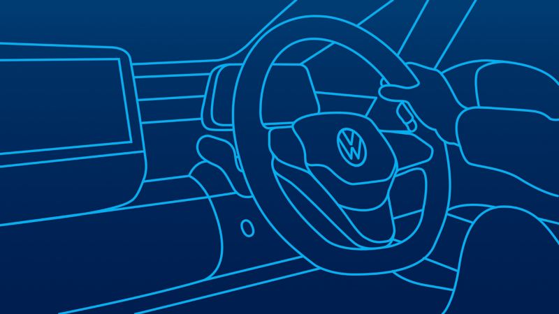 An illustration of a steering wheel inside a Volkswagen car