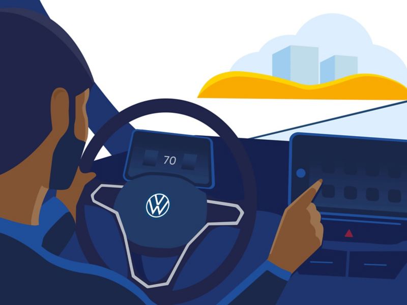 An illustration of person with their hands on the steering wheel of a car