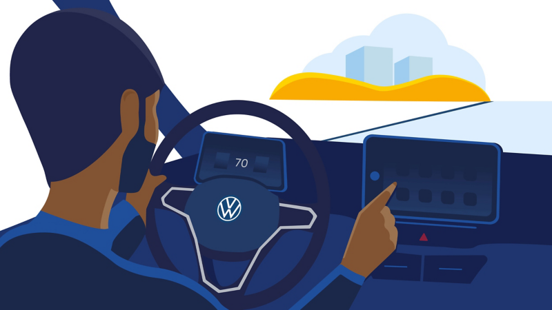 An illustration of a steering wheel inside a Volkswagen car