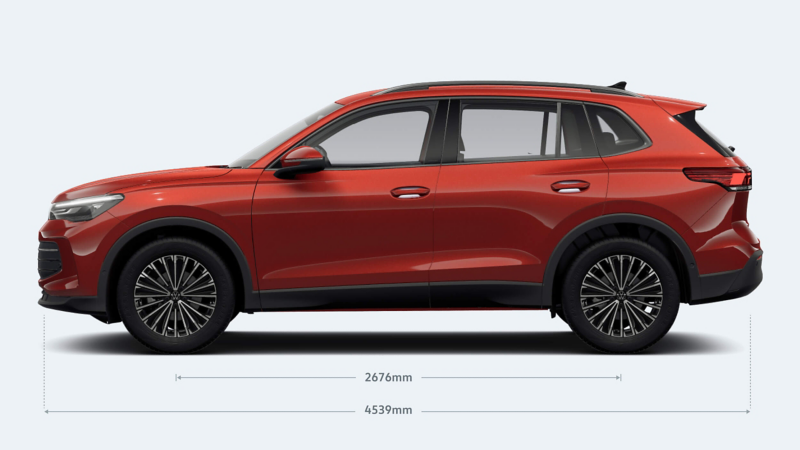 A side view of a WV Tiguan displaying the dimensions