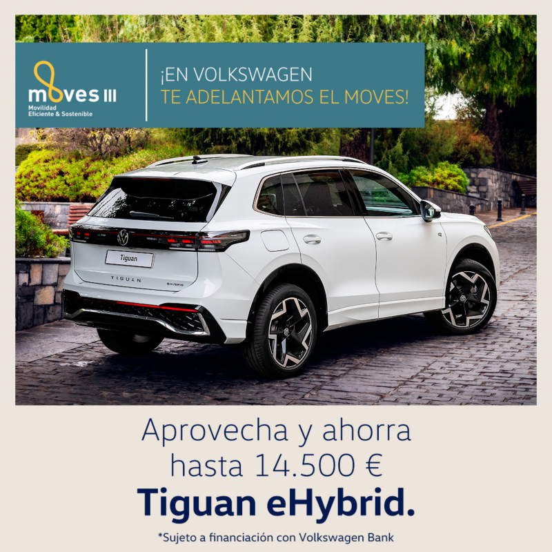 Nuevo tiguan ehybrid color blanco, vista trasera derecha. Texto promoción: En Volkswagen te adelantamos el MOVES. Ahorra hasta 14.500€. Sujeto a financiación con Volkswagen Bank.