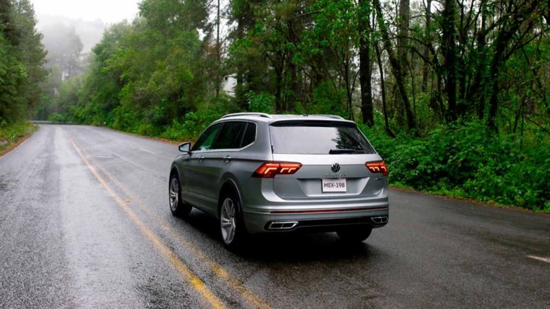 Volkswagen Tiguan de color platino transita en una carretera boscosa. 