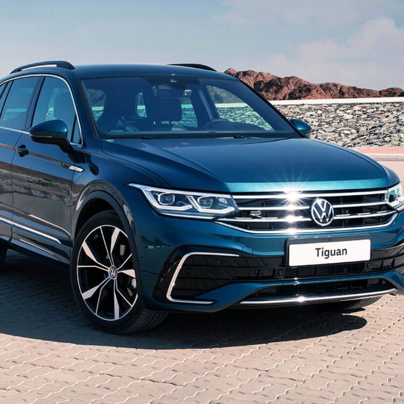 Volkswagen Tiguan parked with mountains in background