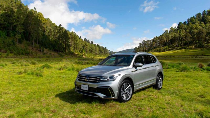 Volkswagen Tiguan de color exterior plata, dentro de un paraje boscoso.